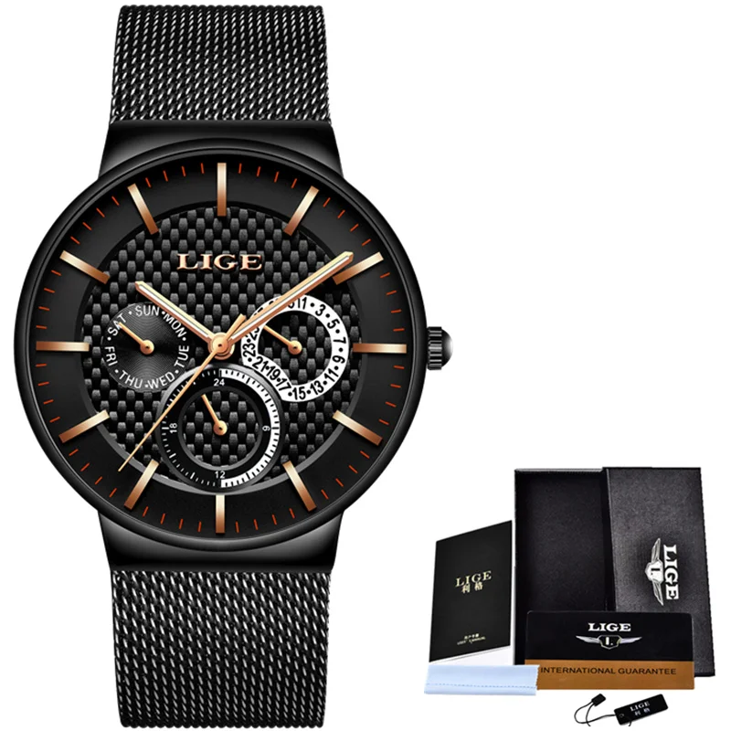 

Relogio Masculino LIGE Fashion Mens Watches Top Brand Luxury Quartz Watch Men Casual Slim Mesh Steel Date Waterproof Sport Watch