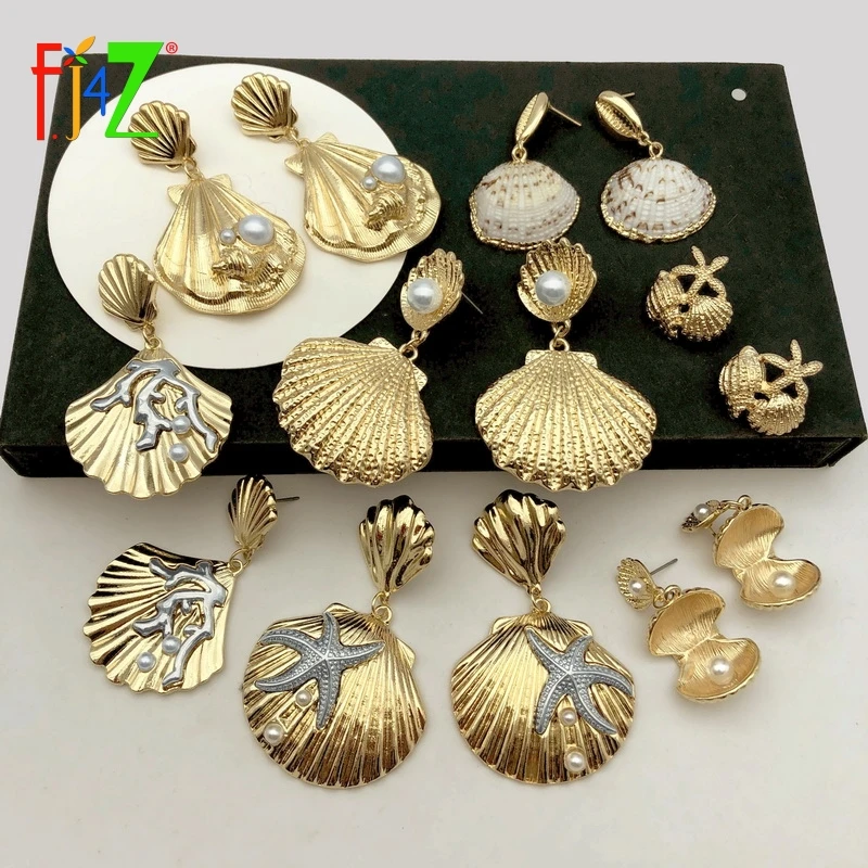

F.J4Z New Alloy Seashell Earrings Vintage Boho Cowries Conches Stars Coral Women Summer Earrings Beach Jewelry Accessories