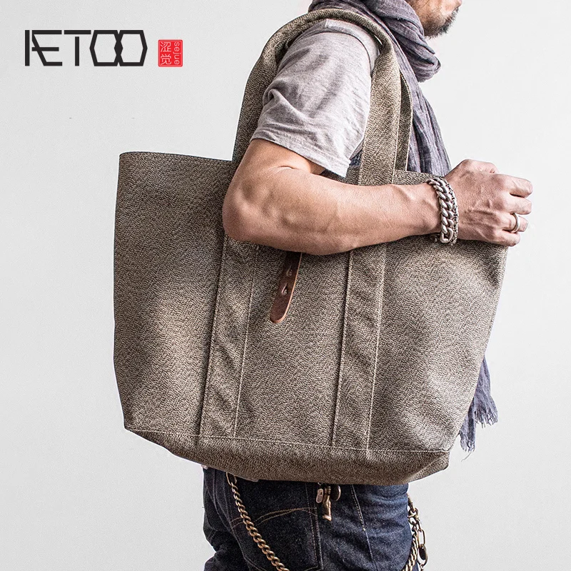 

AETOO Pepper Salt canvas hand bag large capacity handbag male retro literary shoulder bag