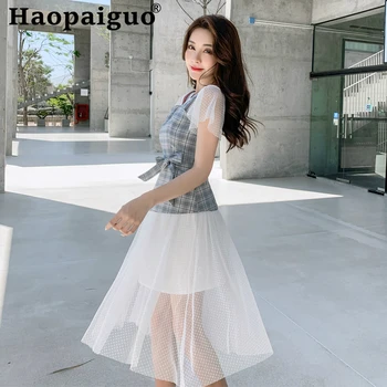 

Mesh Patchwork Korean Dress Women Short Sleeve Print Plaid Sashes Streetwear Ladies Dresses Casual Elegant Dress Summer 2019