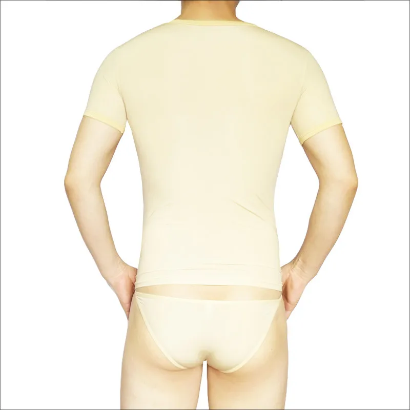 Мужское нижнее белье ультра-тонкий прозрачный-Рендер маленький v-образный вырез футболки и трусы наборы шоу тонкий лед шелк пижамный