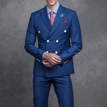 

Blue Business Men Wedding Suits Double Breasted Peaked Lapel Two Pieces Jacket+Pants 2018 smoking Formal Groom mens suit Tuxedo