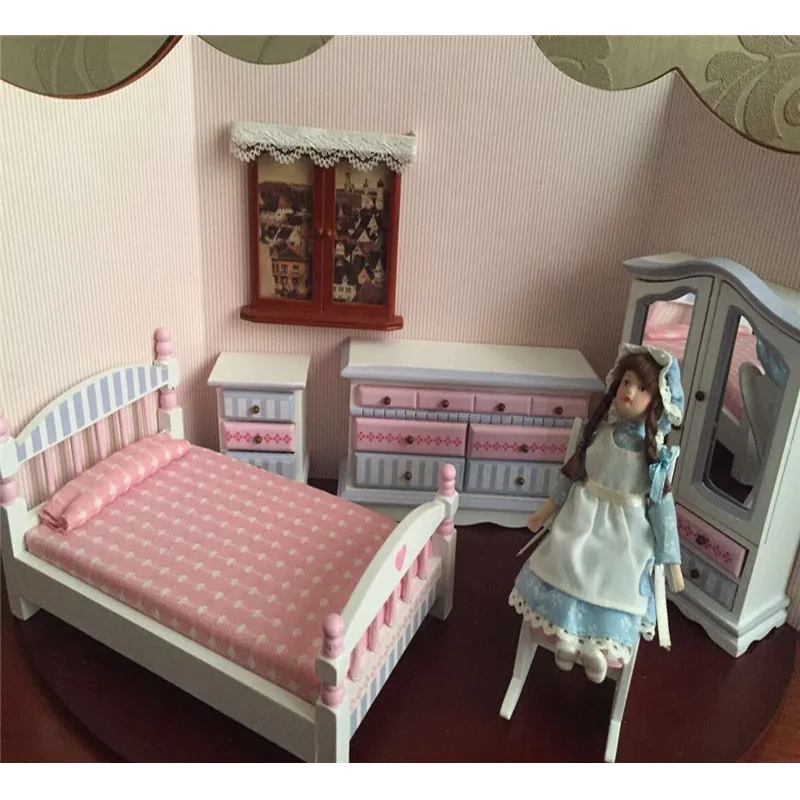 

Doub K 1:12 Dollhouse Furniture toys white & pink Miniature bed cabinet bedroom sets pretend play toys for children girls dolls