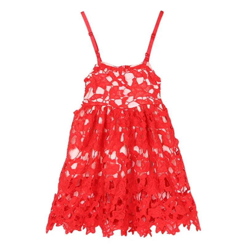 

2017 Summer Baby Girls Dress Red Leaves Hollow Out Lace Strapy Dresses Children Kids Summer Clothes Fit For  1-4T S2
