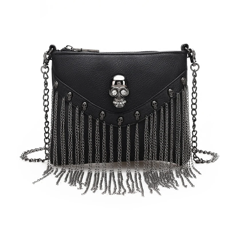 Women Small Bags Black Flap Skull Skeleton Tassel Soft PU Faux Leather Handbags Shoulder Bags Metal