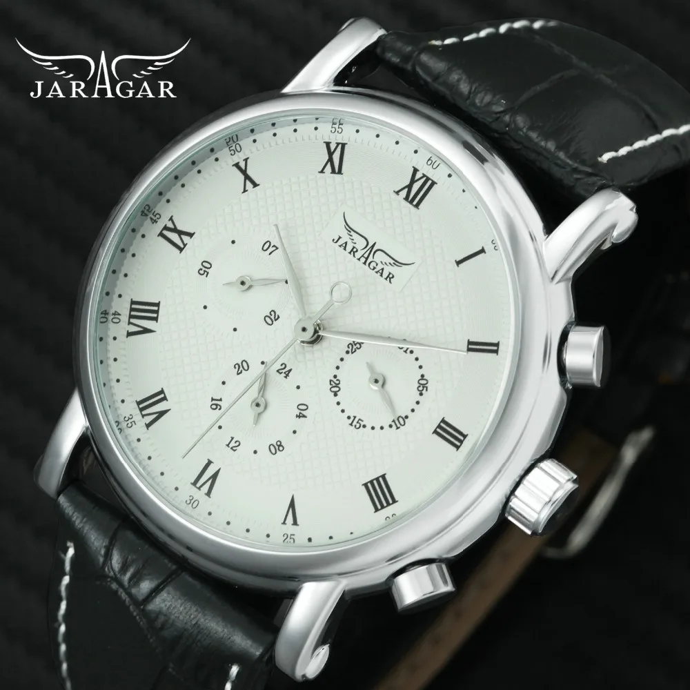 

JARAGAR Fashion Casual Auto Mechanical Watch Men Leather Strap Roman Number 3 Dials 6 Hands Sport Mens Watches Top Brand Luxury