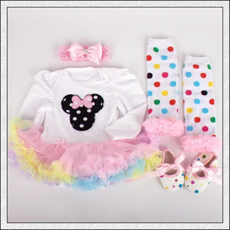 

4PCs per Set Rainbow Cartoon Baby Girls Long Sleeves Tutu Dress Headband Shoes Leggings for 0-12months Free Shipping