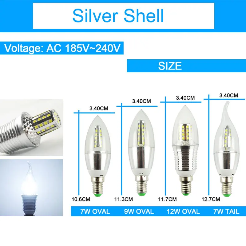=(K) = 10 шт. светодиодный светильник E14 220 в 7 Вт 9 Вт 12 Вт золотисто-серебристый алюминиевый светильник в виде свечи для хрустальной люстры Lampara Ampoule