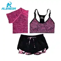 ALBREDA ผู้หญิงใหม่โยคะกีฬา Bra เสื้อยืดกางเกงขาสั้น 3 ชิ้นหญิงฤดูร้อนชุดกีฬาชุดออกกำลังกาย Leisure เสื้อผ้า