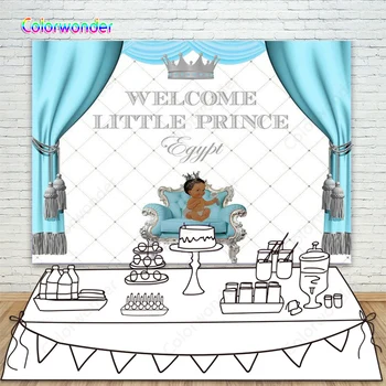 

Kids Birthday Little Prince Theme Photography Background African Baby with Sliver Crown Sitting on the Sofa for Baby Shower