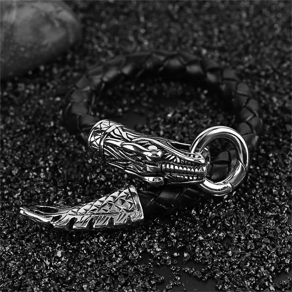 Dragon Theme Chinese Zodiac Signs Charms Men Bracelet Punk Hand-woven Leather Rope Chain Black Creative Jewelry Casual Gift (11)