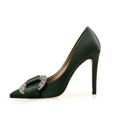 Модные женские туфли с острым носком, украшенные стразами и пряжкой классические туфли на высоком каблуке туфли-лодочки больших размеров женские туфли на тонком каблуке - Цвет: Dark green