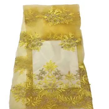 

Yellow Tulle Lace Fabric Appliques, Elegant African Lace, French Net Lace Fabric With 3D Flower Beads HJ748-2