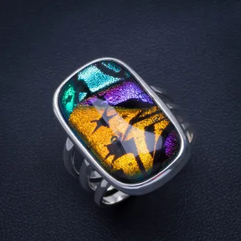 

Natural Rainbow Dichroic Glass Handmade Unique 925 Sterling Silver Ring 8 B1114