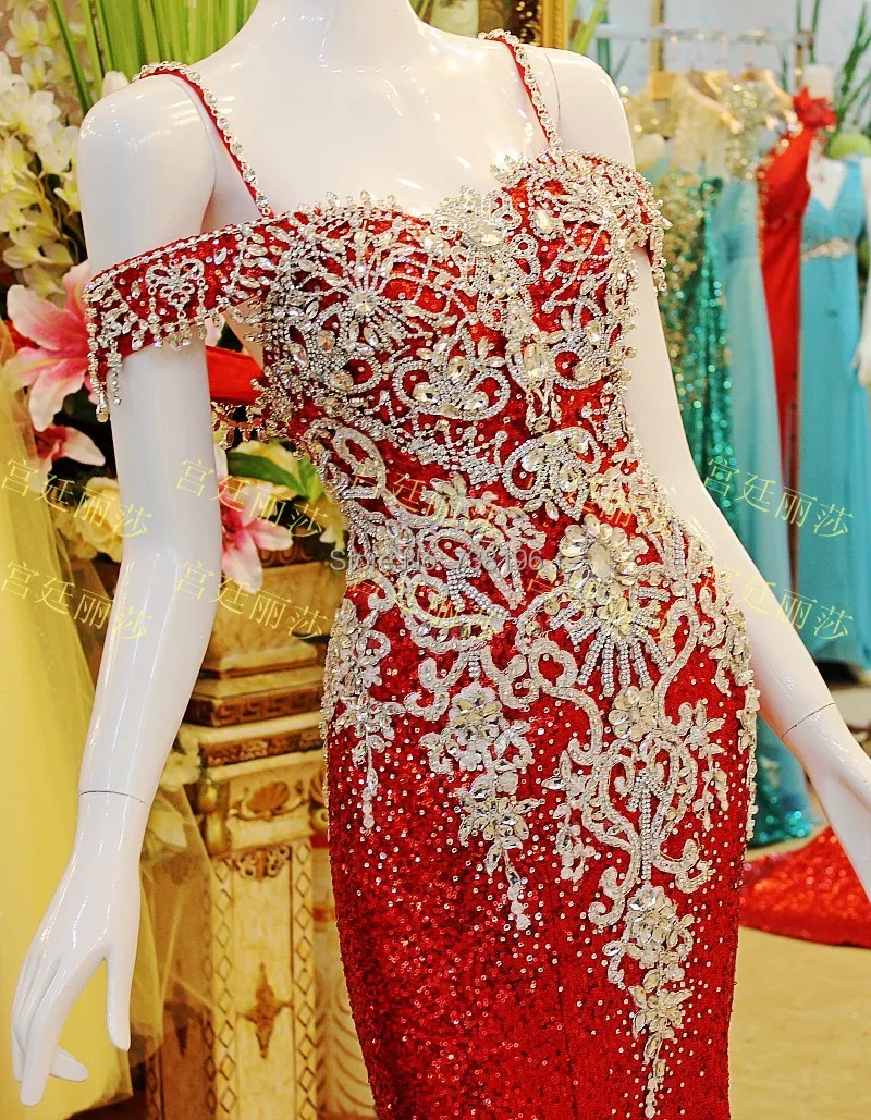 Реальный образец Мода Русалка приталенный силуэт Jewels Блестки бисера Красный vestido de festa женщин Променад платья