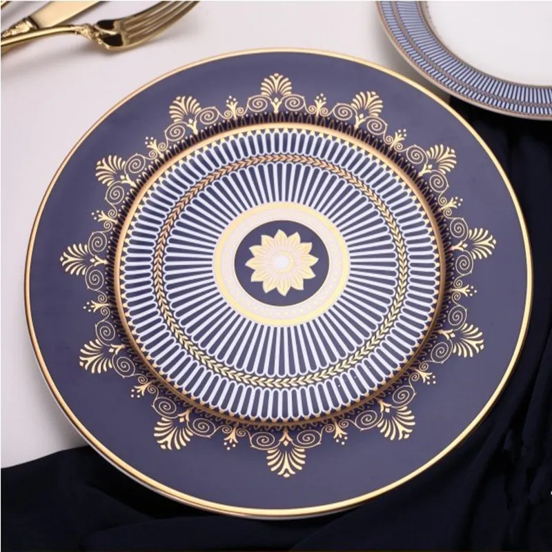 Elegant Blue Bone China Steak Plate, Ceramic Dinner Dish, Coffee Cup Saucer, Family Dinnerware, Home Decoration