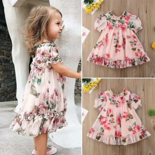 

Toddler Baby Girl Chiffon Shrimp Powder Dress Princess Flowers Party Tutu Tulle Dress Clothes O-Neck Short Sleeve Cute Dresses
