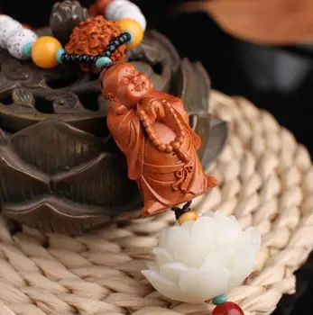 

Chinese Peach Wood Carved Cloth Bag Maitreya Buddha Three-dimensional Carved Lotus Exquisite Car Pendant Statue