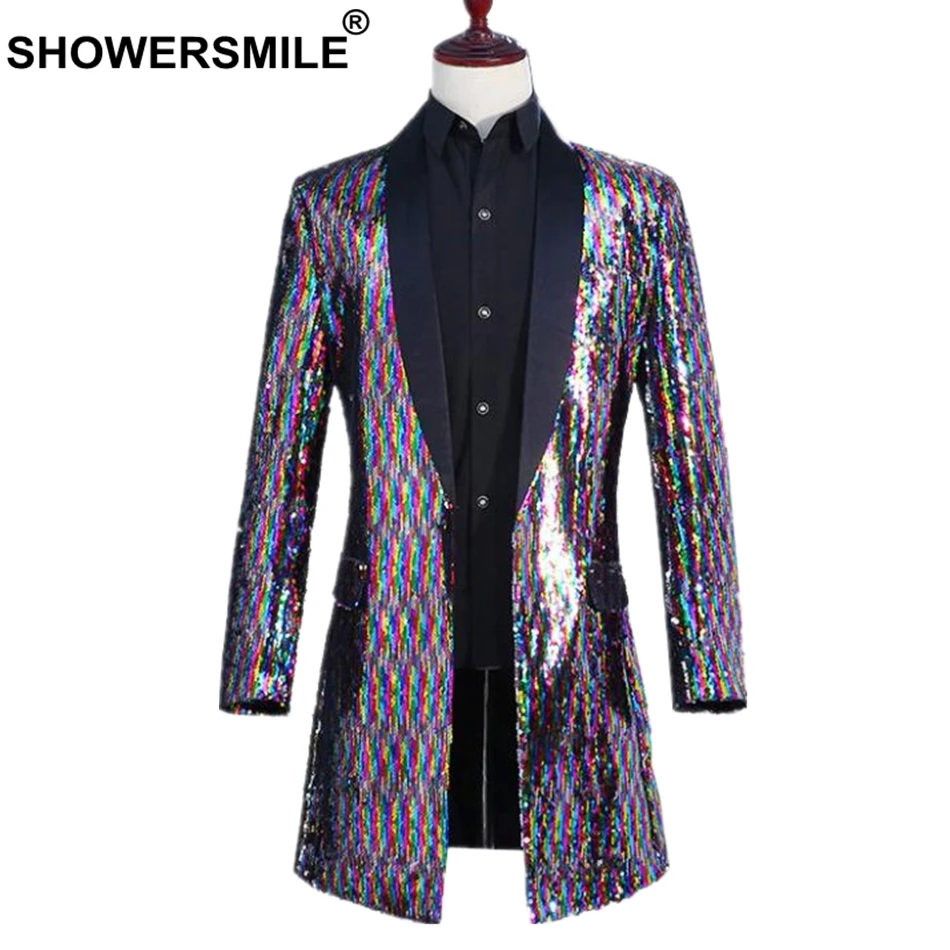 

SHOWERSMILE Colorful Sequin Long Blazer Men DJ Club Stage Singer Suit Jacket Dancer Spring Autumn Cool Male Blazer Clothes