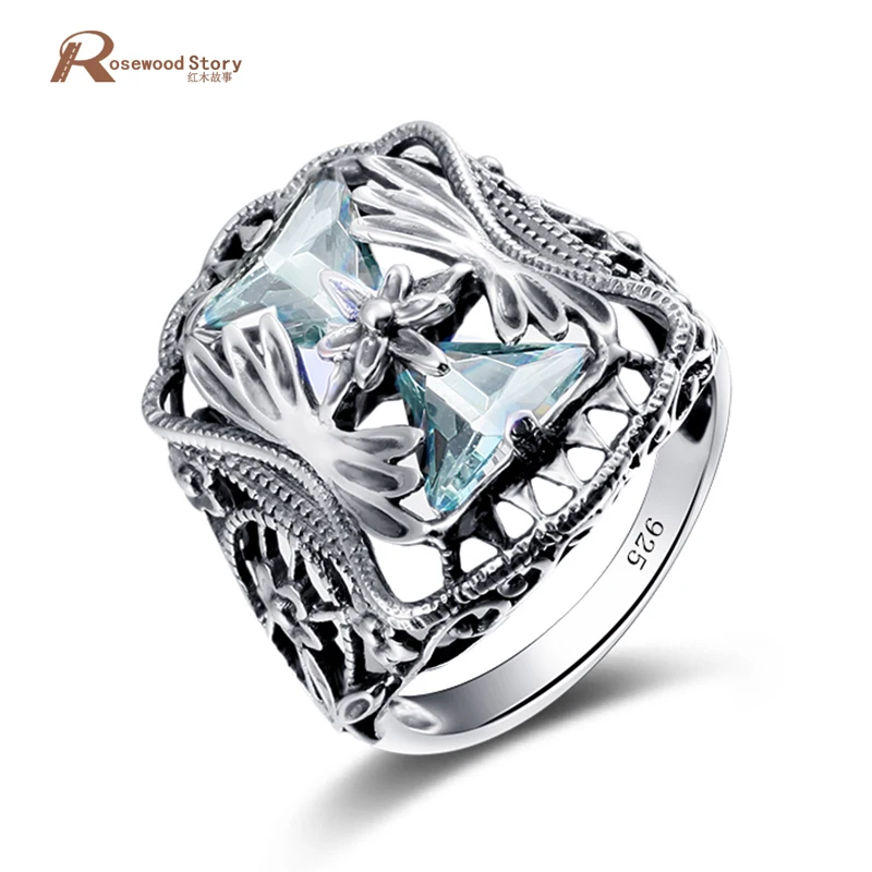 

Luxury Charm Austrian Crystal Big Blue Stone Vintage Ring Wedding Engagement Bridal Jewelry 925 Sterling Silver Rings for Women