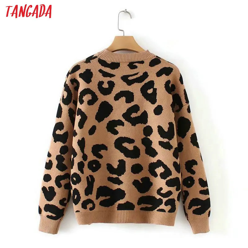 Tangada леопардовый свитер теплый свитер зимний свитер свитер оверсайз свитер с леопардовым принтом свитер для зимы базовый свитер повседневный свитер теплый джемпер2X05