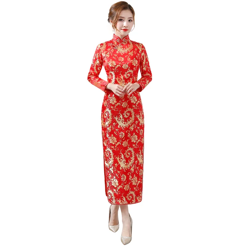 L дамы воротник-стойка элегантный Cheongsam платья красный китайский Винтаж брак новое платье с цветочным принтом длинные пикантные Qipao S-XXL