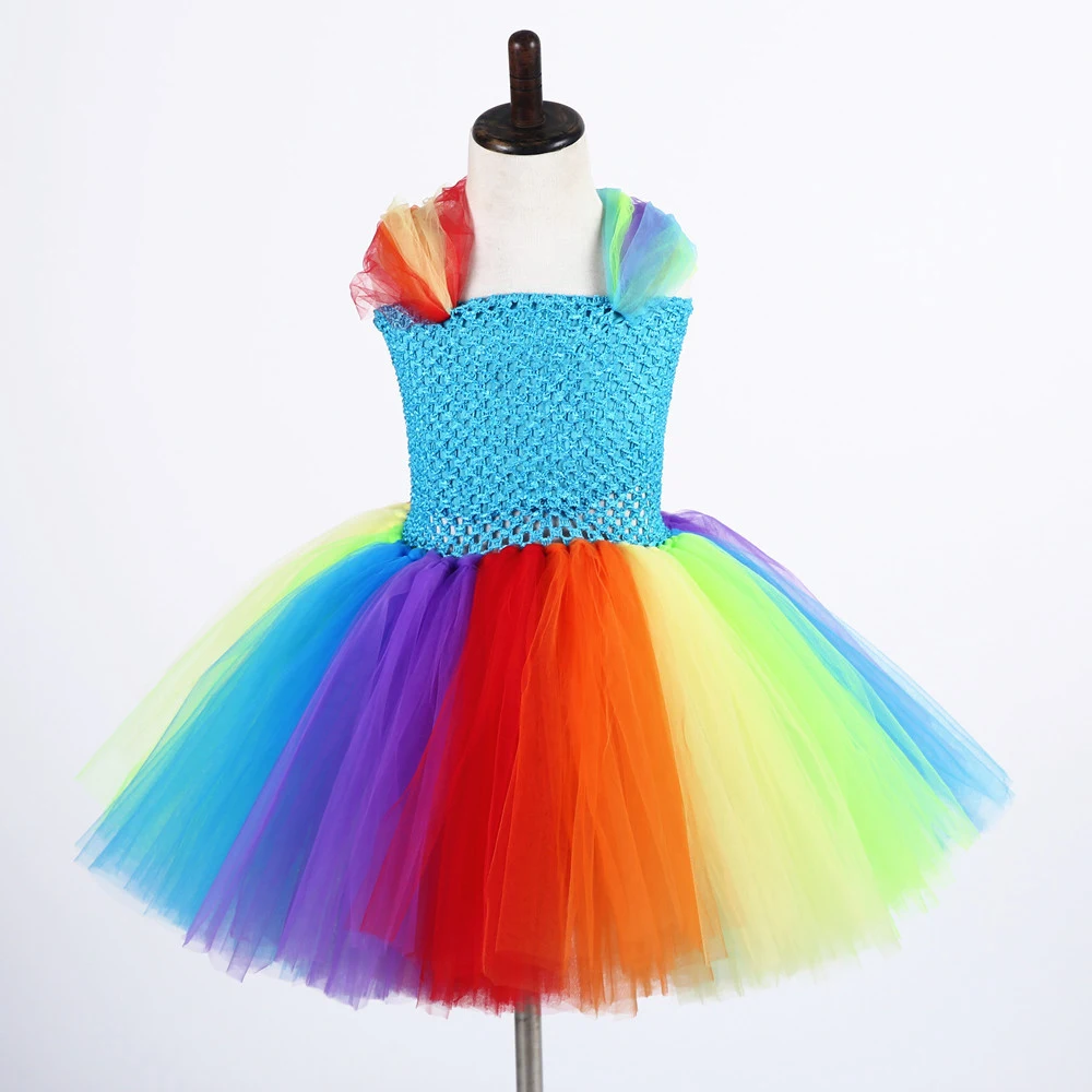 

Rainbow Unicorn Theme Birthday Party Tutu Dress Little Pony Pattern Round Collar Halloween Princess Girls Dresses Age 13 Vestido