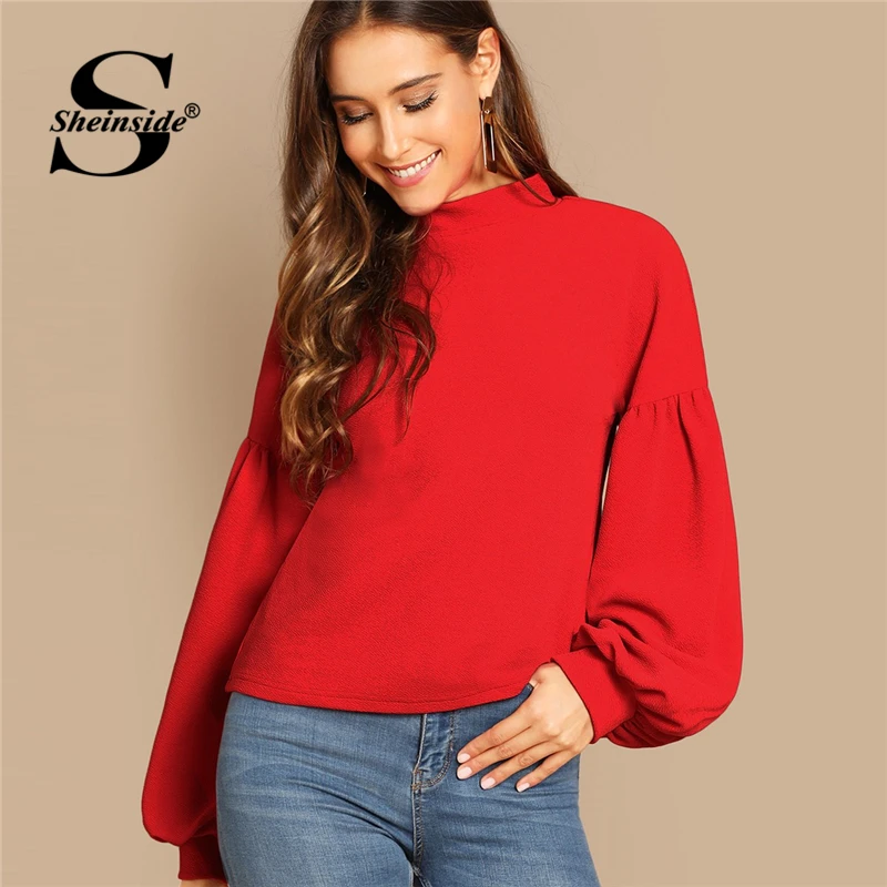 Sheinside أنيقة النساء زِر تي شيرت عودة بالون كم أعلى الأحمر المحملة قميص فام 2018 الخريف قمصان إمرأة طويلة الأكمام قمم