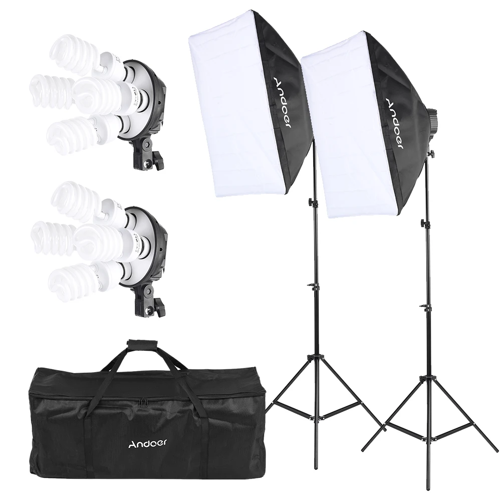 

Andoer Studio Photo Lighting Kit with 2 * Softbox 2 * 4in1 Bulb Socket 8 * 45W Bulb 2 * Light Stand 1 * Carrying Bag