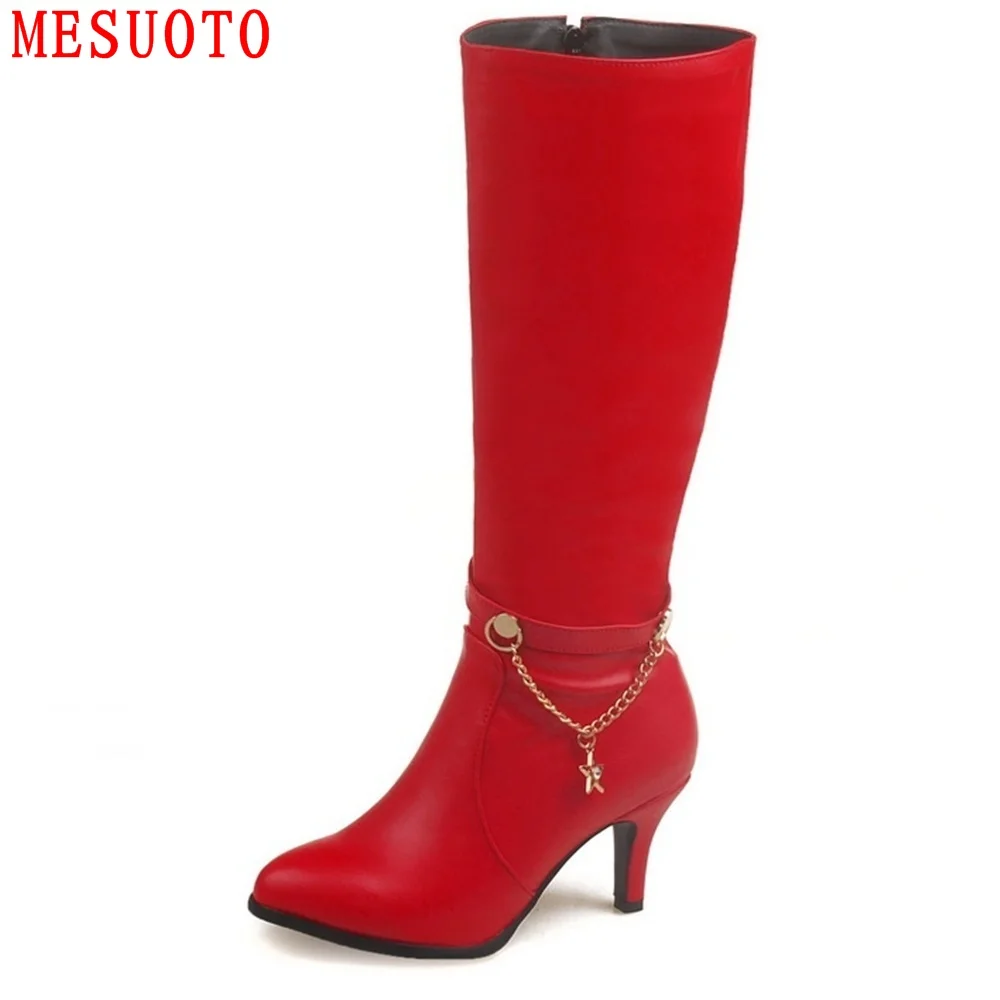 MESUOTO Zipper Soft PU Faux Leather Red Thin High Heels Chain Fashion