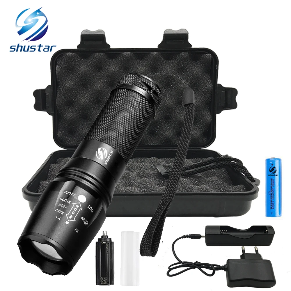 

Powerful led flashlight CREE XML-T6/L2 8000 lumens torch Zoomable 5 Switch modes flashlight+18650battery+charger+Gift box