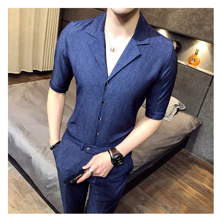 2018 2 шт. комплект мужские рубашки и брюки Британский Стиль Camisa социальный Slim Fit рубашки мужская одежда синий Gomlek корейский Костюмы