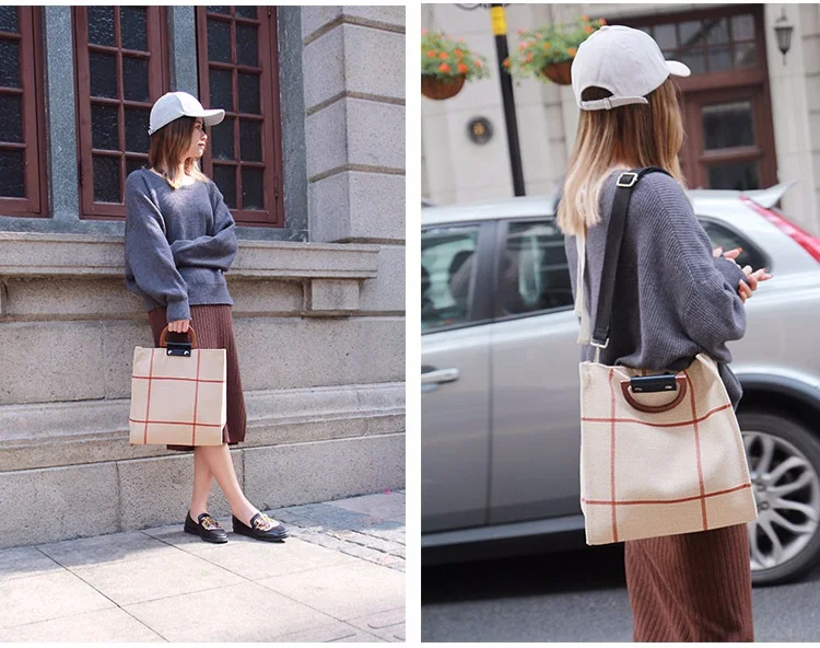 MJ Women Plaid Canvas Tote Casual Beach Bags Big Capacity Women Shopping Bag Daily Use Canvas Handbag Cotton Linen Shoulder Bag (19)