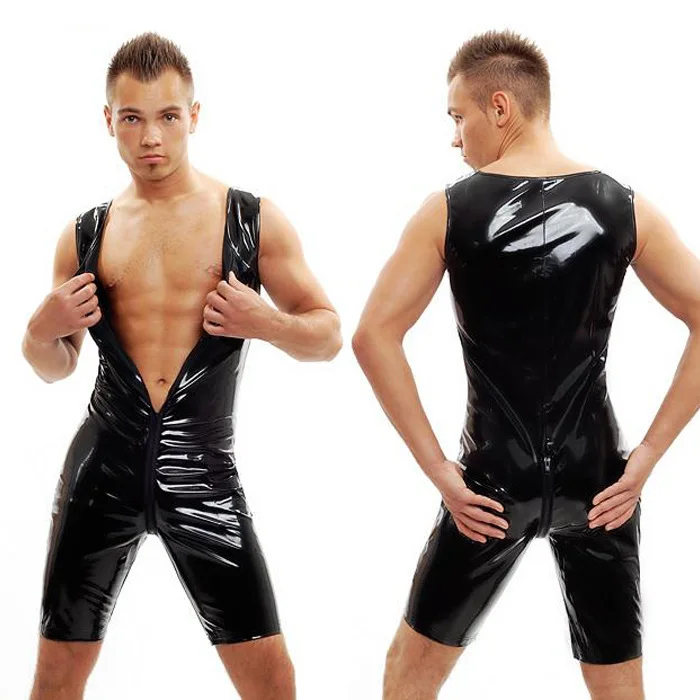 

High Quality Black PVC Men Erotic Lingerie Bodysuit Sleeveless Zipper To Crotch Men Fetish Short Catsuit Costume Free Shipping