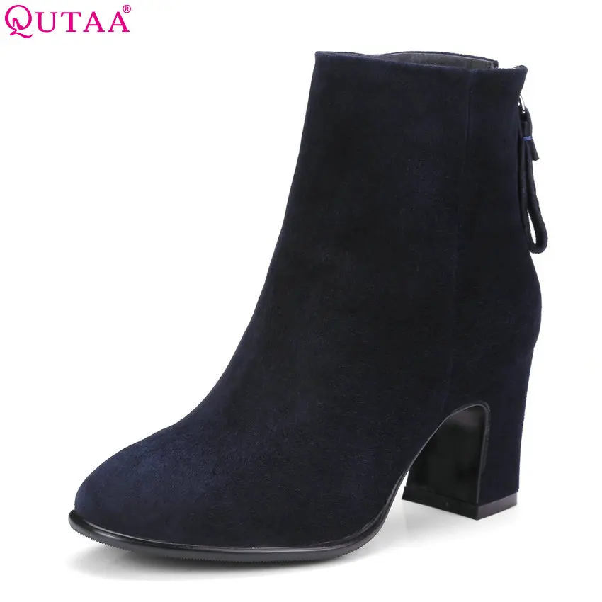 

QUTAA 2018 Women Ankle Boots Fashion Cow Suede + Pu Leather Square Toe Zipper Deisgn Square High Heel Ladies Boots Size 34-39