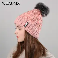 Wuaumx Новый стиль зима Шапки для Для женщин Pom pom Skullies шапочки Кепки Утепленная одежда вязаная шапка с женские бархатные Кепки czapka zimowa