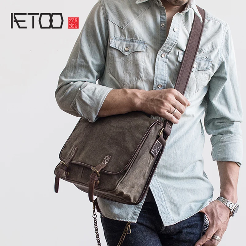 

BJYL College Oil wax Canvas bag male postman bag casual literature retro shoulder crossbody bag