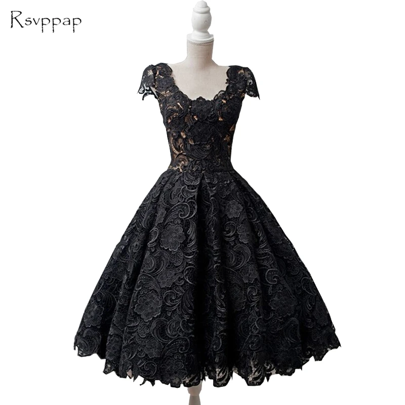 

Vintage Cap Sleeve V-neck Sleeveless Lace Black Lace Short Prom Dress 2019 For Party