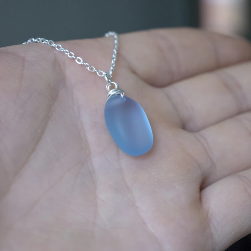 Sanlan Lovely Sea Glass Beading Pendant Blue Matte Sand Stone Necklace Ocean Frosted High Quality Beads Jewelry 4