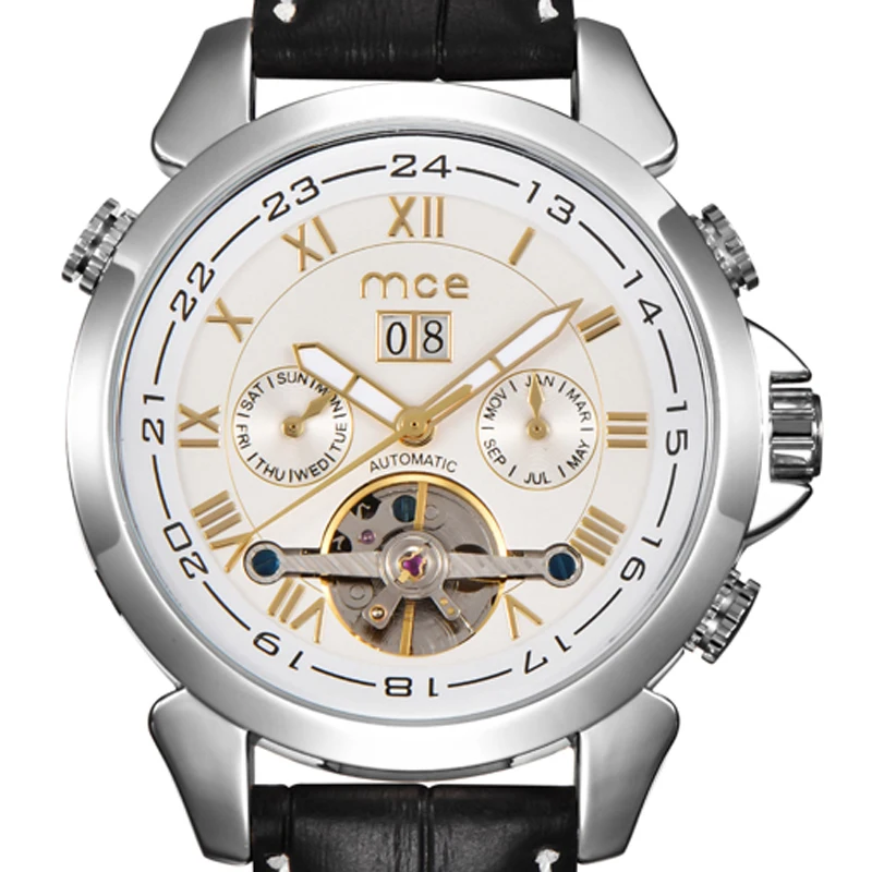 MCE Watch Luxury Steel Case Tourbillon Leather Watches Date Month Mens