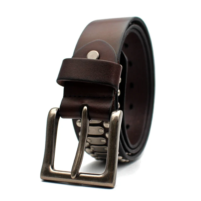 ZAYG Belt punk high quality belt Men and Woman belt leather luxury brand pin buckle belt metal big copper rivet waist seal jeans Coffee