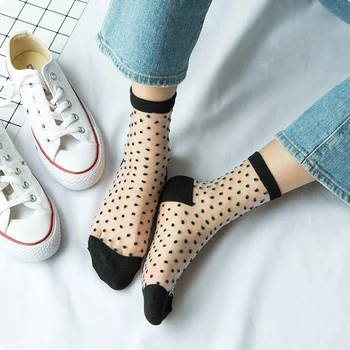 

2Pair Summer Silk Transparent Socks with Print Dot Stripe Sheer Mesh Short Socks for Women Ultrathin Ankle Socks Chaussette