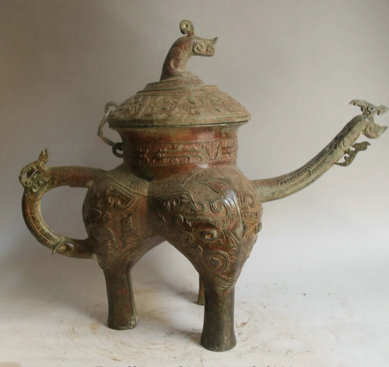 

Elegant old S1764 19" Old Chinese Bronze 3 Foot Dragon Beast teapot handle Wine Tea Pot Flagon (A0321)