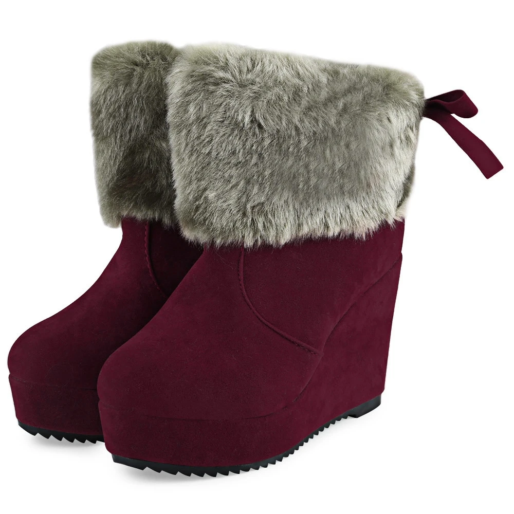 

Women Winter Boots Cute Bowknot Decoration Fur Platform Ladies Wedge High Heel Boots Shoes