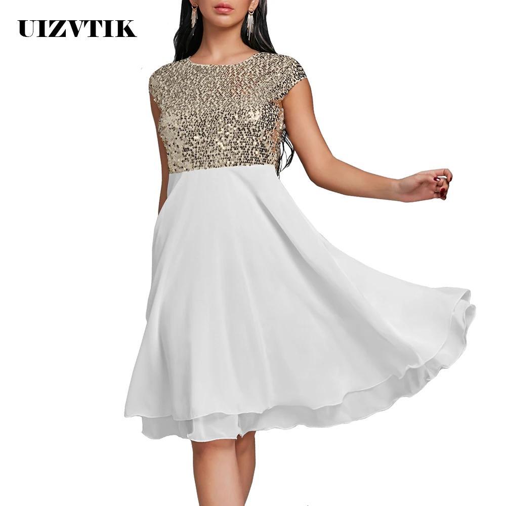 

Women Summer Dress 2019 Elegant Sexy Sequin Evening Party Dress Casual Plus Size Slim Chiffon Ball Gown Dresses White Black 5XL