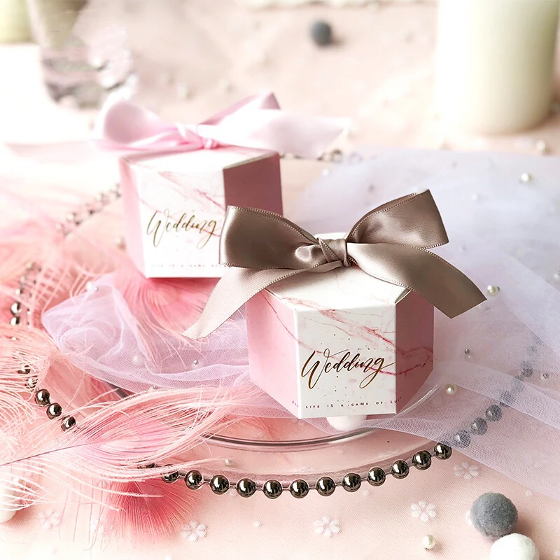 

50pcs European Creative Hexagonal Pink Marble style sugar Candy Boxes Wedding Favors Party Supplies Gift Chocolate Box