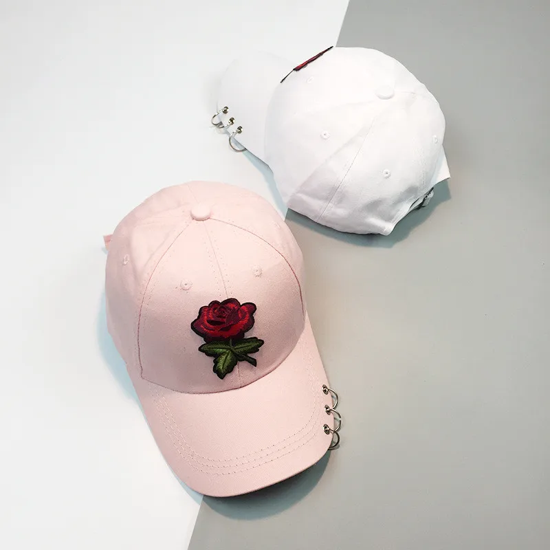 Fashion Rose Baseball Cap Iron Ring Snapback Caps For Women chapeau femme Hip Hop Cap Lady Vogue Sun Hats Adjustable 3Colors