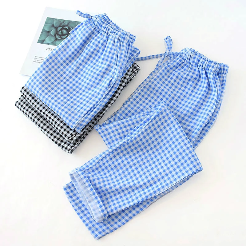 

Summer Cotton Gauze Thin Pajama Pants Plus Size Couple Plaid Sleep Lounge Pants Men and Women Bottoms Lounge Sleep Wear
