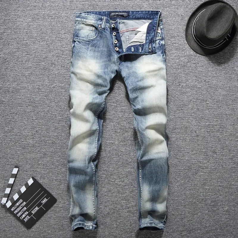 

Italian Designer Fashion Men Jeans Slim Fit Light Blue Color Button Jeans Elastic Long Pants Balplein Brand Classical Jeans Men