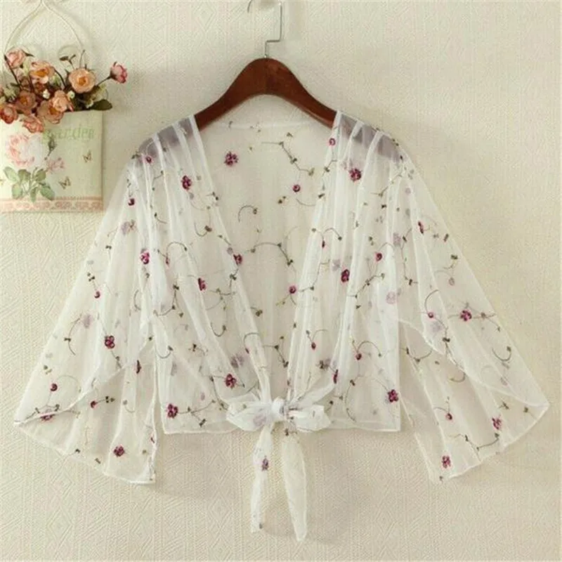 

Fashion Women Super Thin Tie Cardigan Beach Shawl Ladies Beach Cropped Jacket Top Shirt Womens Casual Floral Blouse New 2019